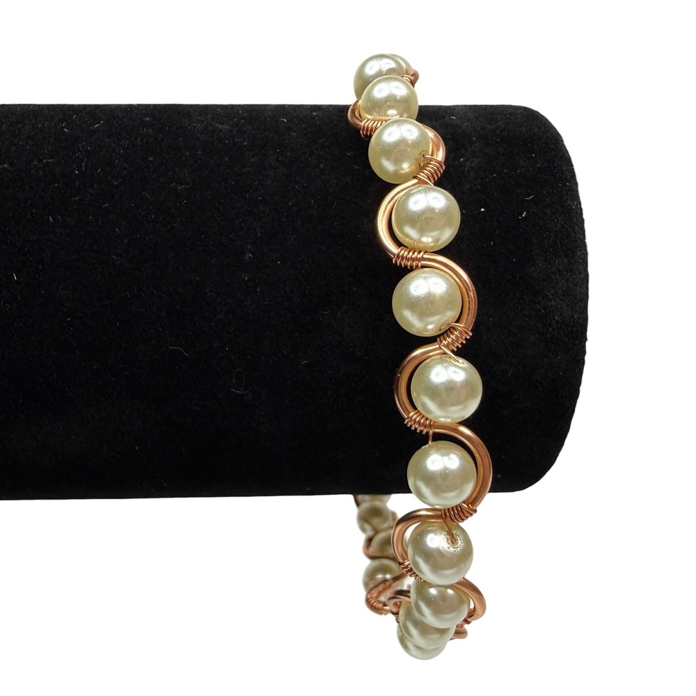 Handmade Faux Pearl & Copper Wire Wrapped Bracelet Jewelry Cuff Style Wrist Sz 8
